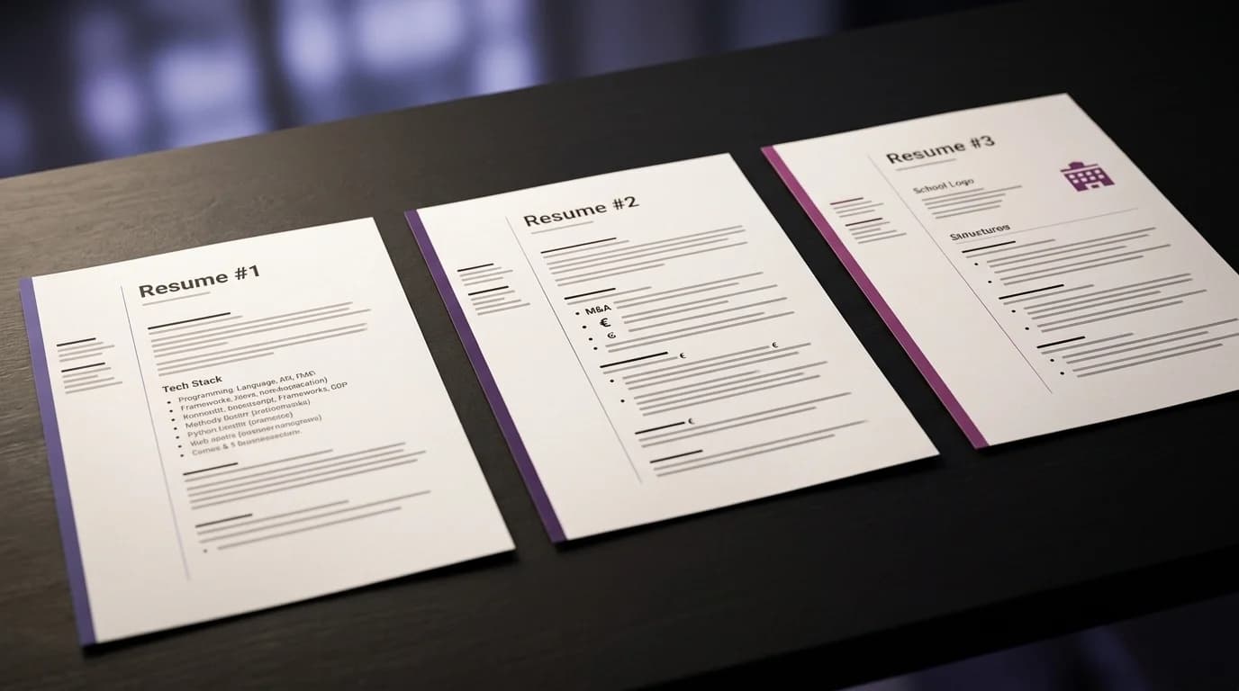 Trois CV côte à côte calibrés pour tech, finance et consulting
