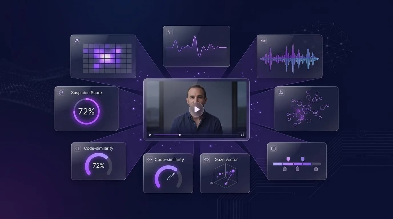 Écran d'analyse multi-signaux d'un entretien visio avec indicateurs de triche