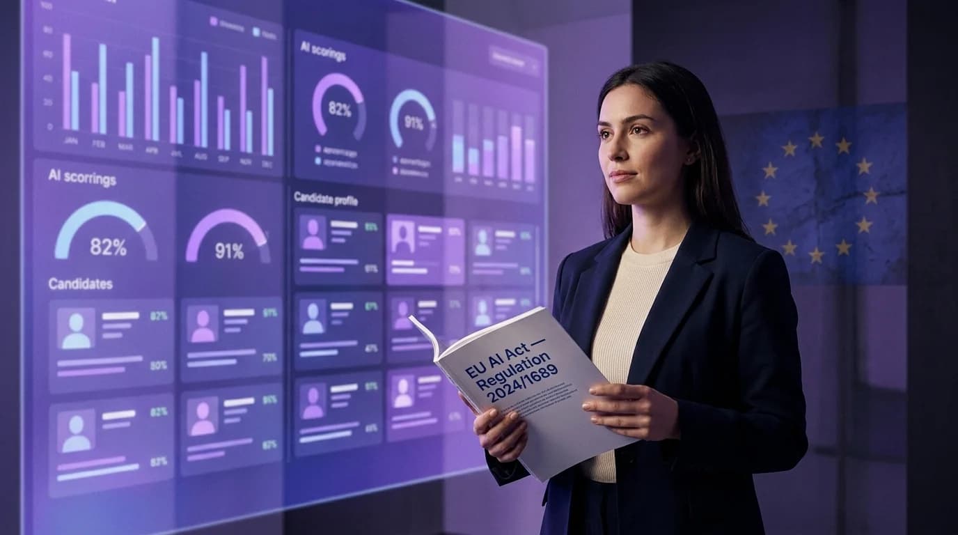 Candidate holding the AI Act text facing a recruiter's screen displaying AI scoring