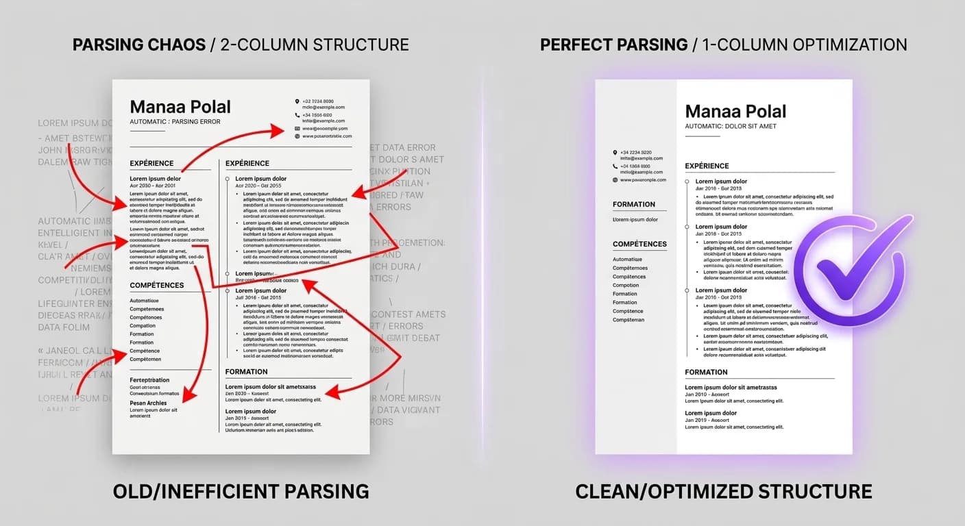 Comparaison visuelle entre un CV mal parsé en 2 colonnes et un CV propre en 1 colonne