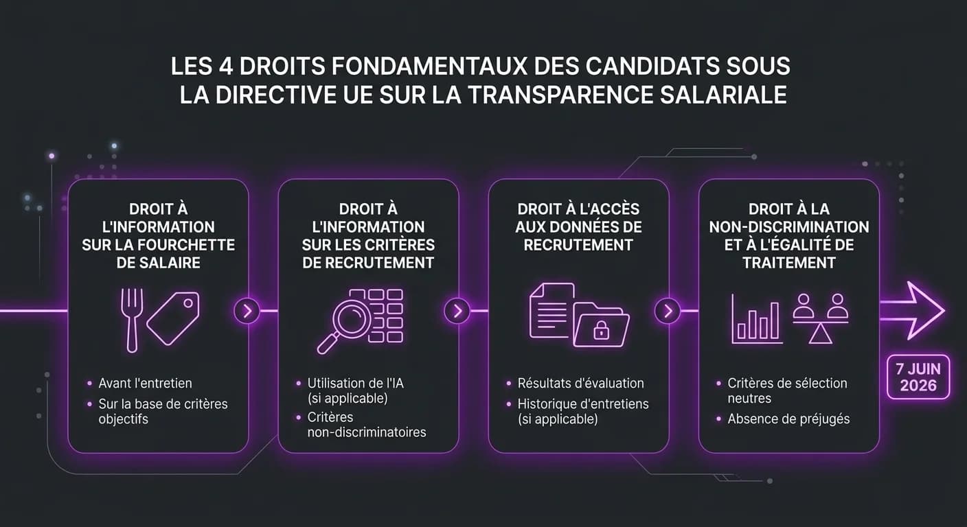 Schéma des 4 nouveaux droits des candidats avec la directive UE 2023/970