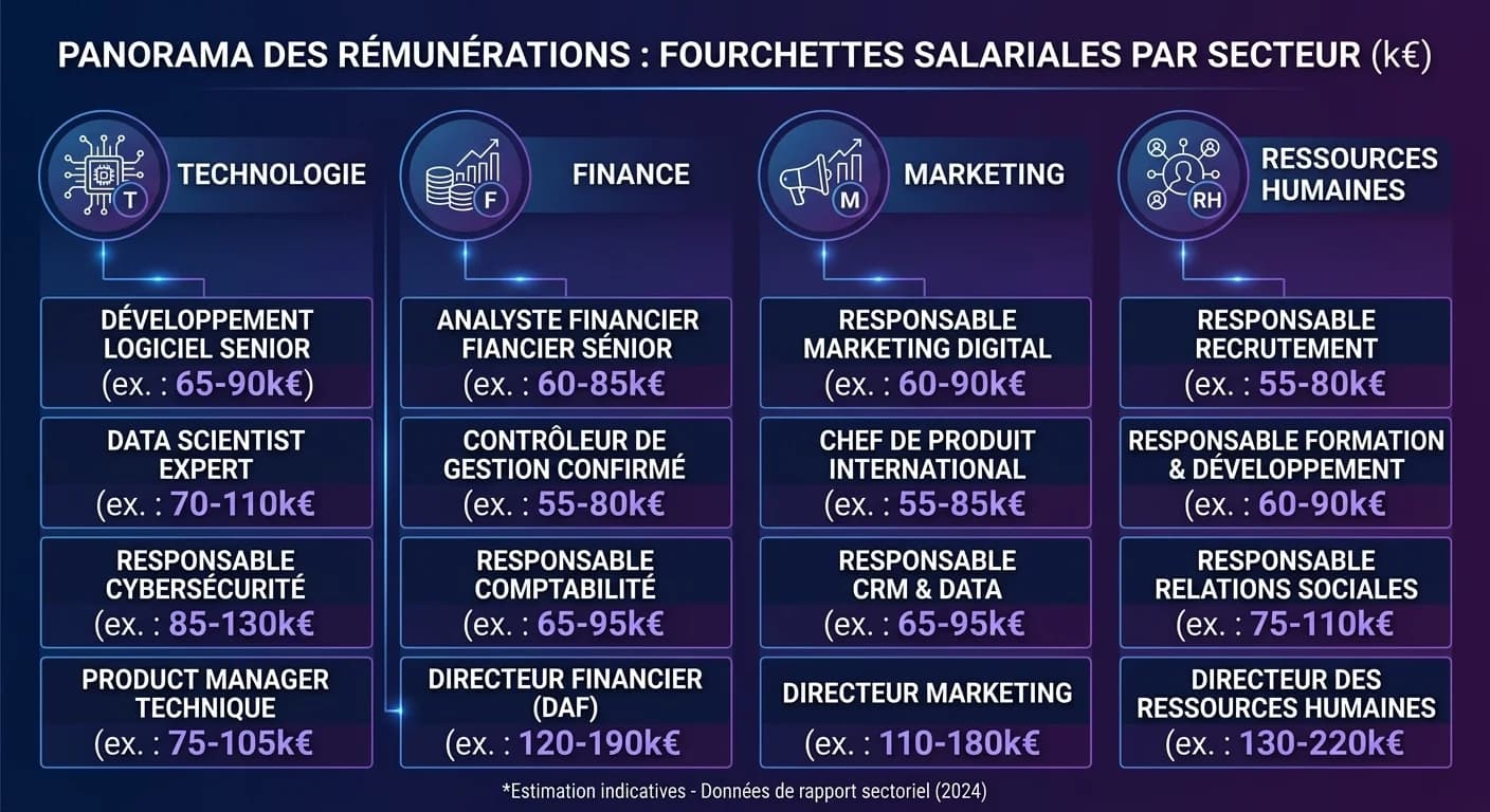 Grilles salariales cadres 2026 par secteur en France (tech, finance, marketing, RH)