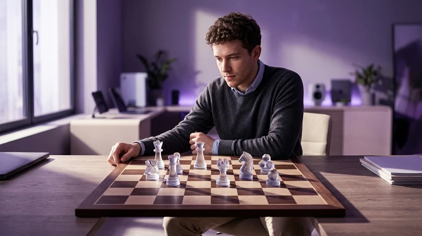 Sept logos de simulateurs d'entretien IA alignés sur un échiquier, candidat qui évalue son coup